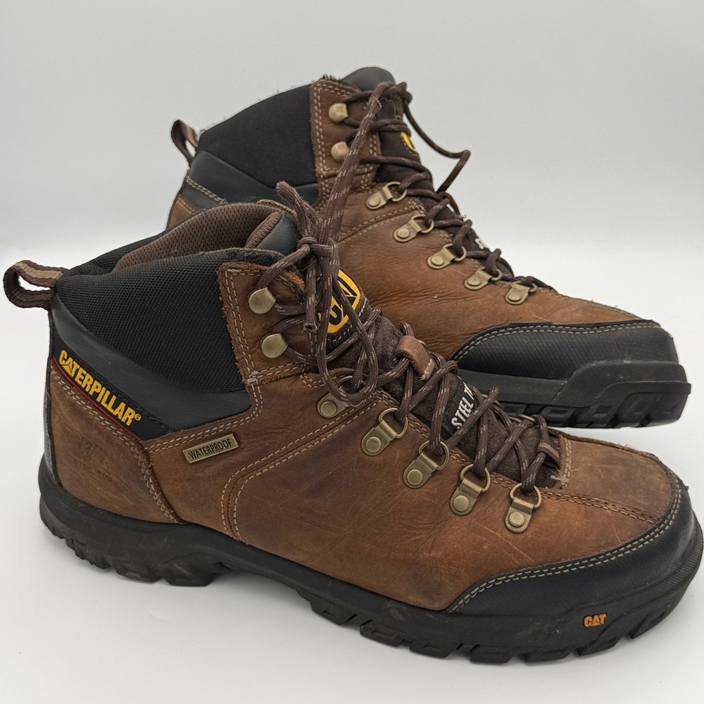 Caterpillar Steel Toe Work Boots Mens 12 WIDE Brown Waterproof Leather Work